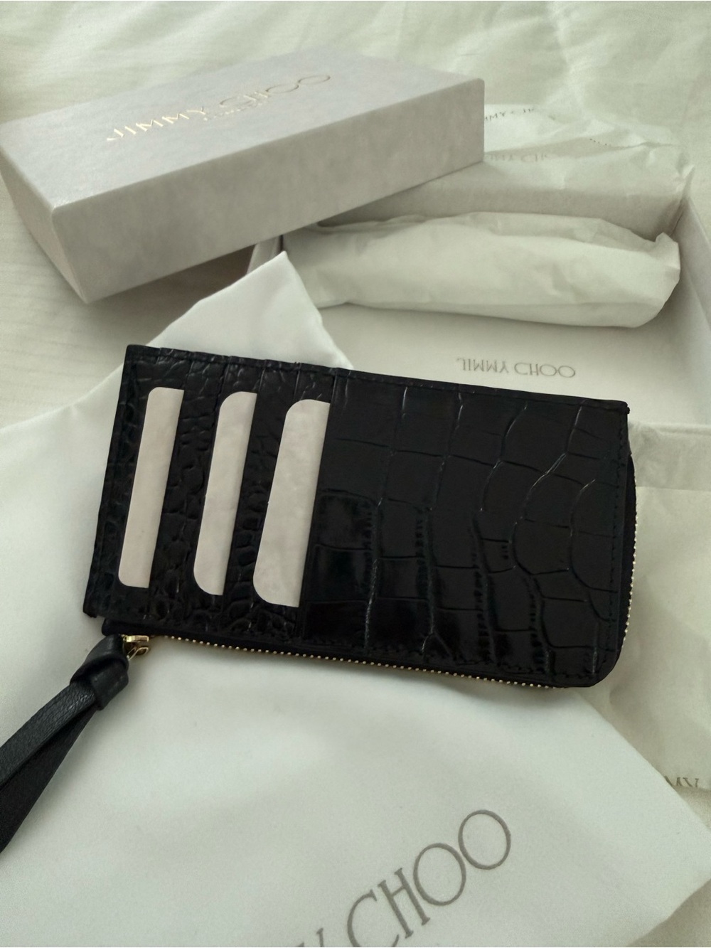 Jimmy Choo Black Croc-Embossed Leather Zip Card Case with Gold JC Logo - Picture 5 of 13